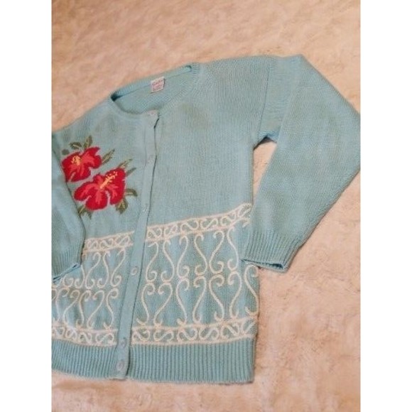 Vintage Trimingham's Bermuda Sweater Cardigan Small Blue Embroidered Floral - Picture 6 of 16